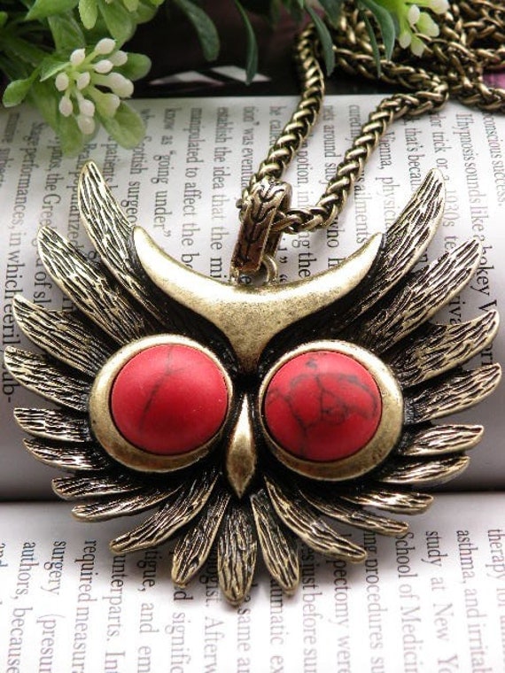 Pretty retro copper big owl head with red turquoise eyes pendant necklace vintage style