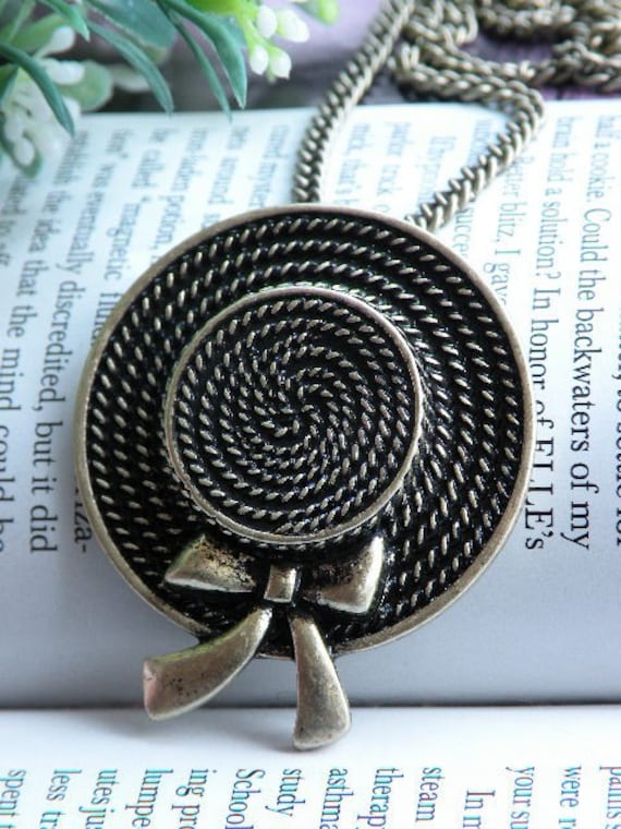 Pretty retro copper Straw hat or sun hat with bow necklace pendant vintage style