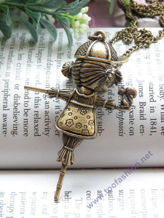 Pretty retro copper scarecrow girl with hat and a squirrel necklace pendant jewelry vintage style