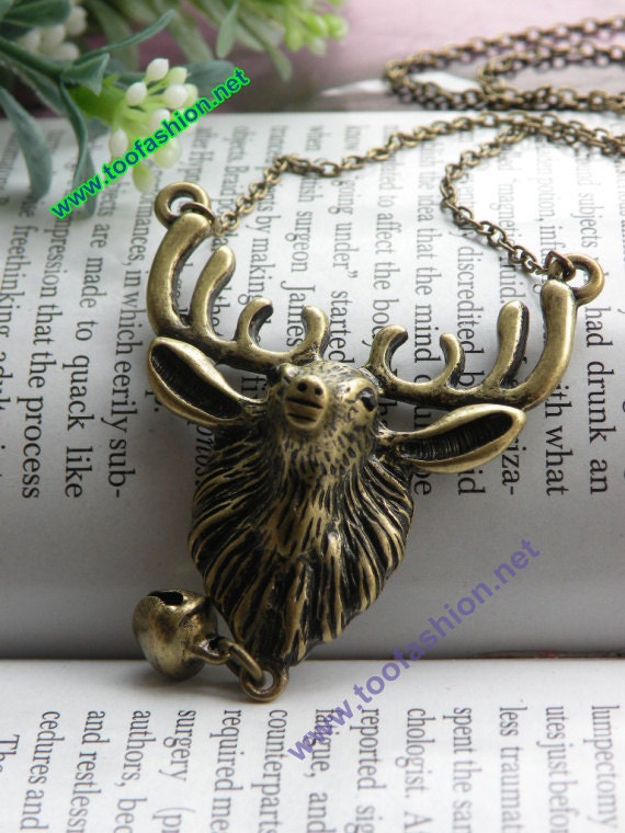 Pretty retro copper 3d moose elk head with a bell necklace pendant jewelry vintage style