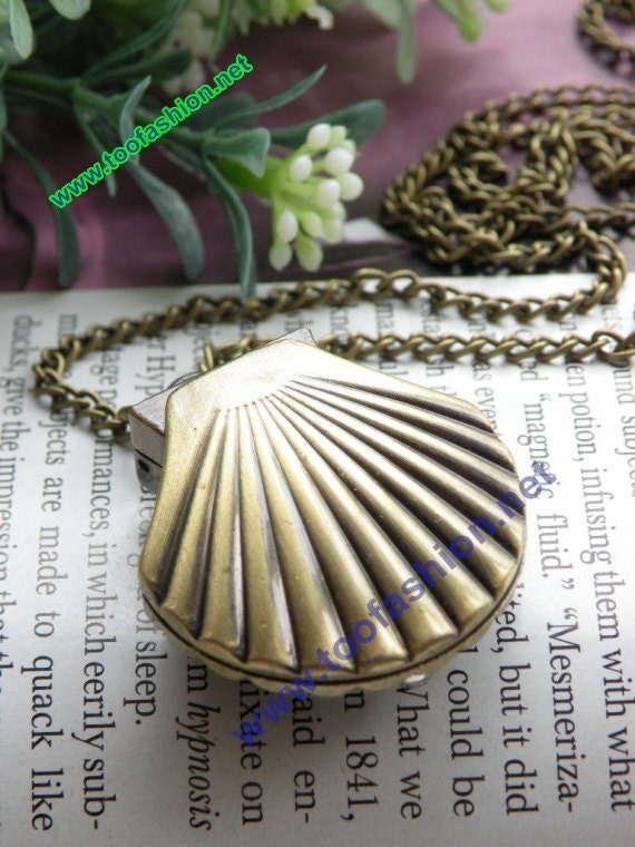 Retro copper can open shell pocket watch necklace pendant jewelry vintage style
