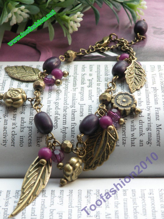 Retro copper flower with 4 leaves purple beads bracelet vintage style