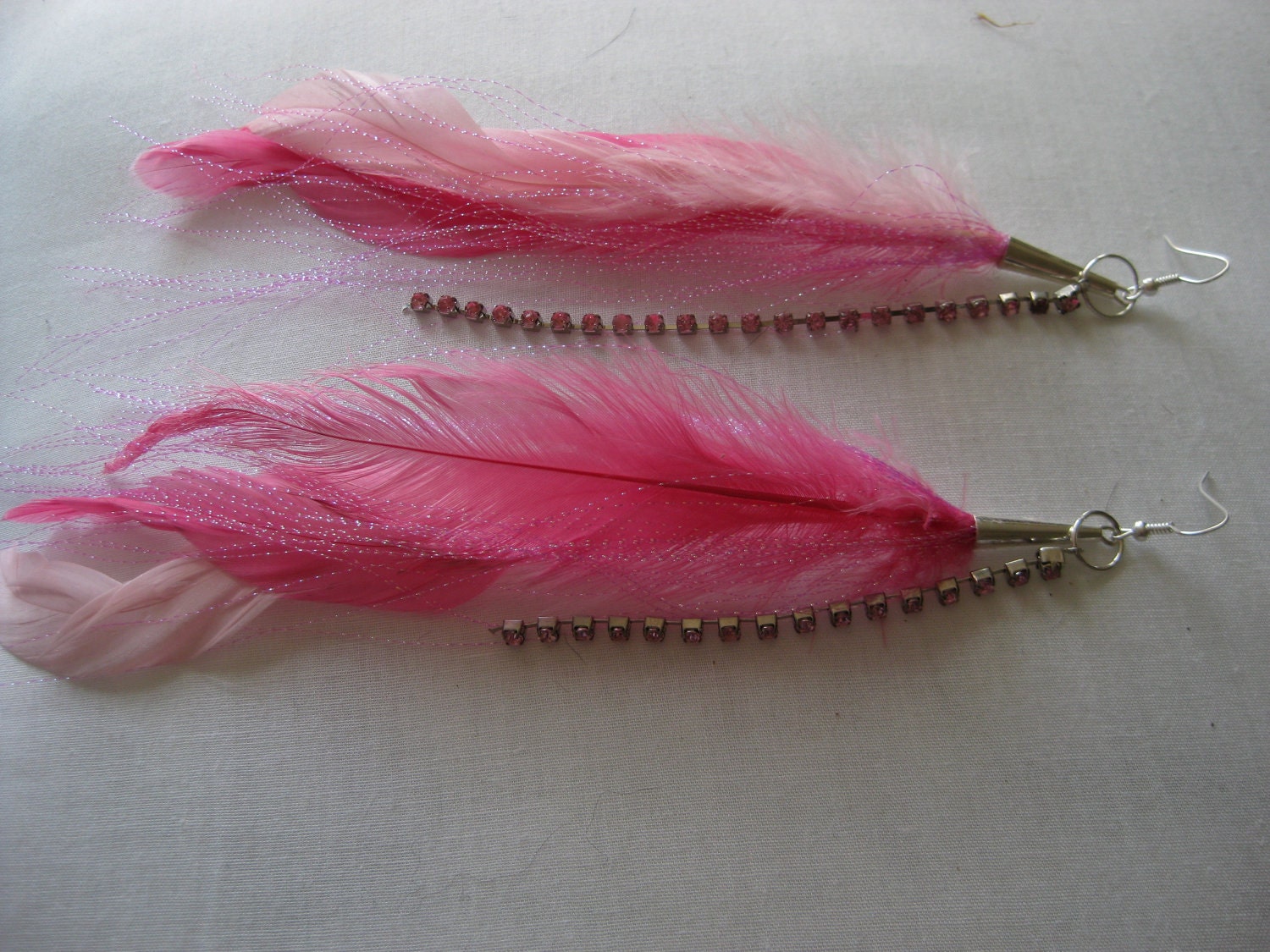 SALE Pink Rhinestone Shimmer Feather Earrings Rooster Feathers