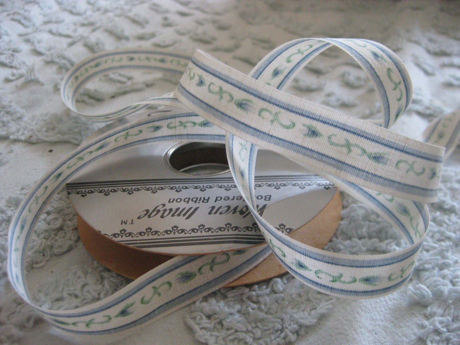 15-20 Yards Vintage Shabby Chic Blue Floral Border Ribbon
