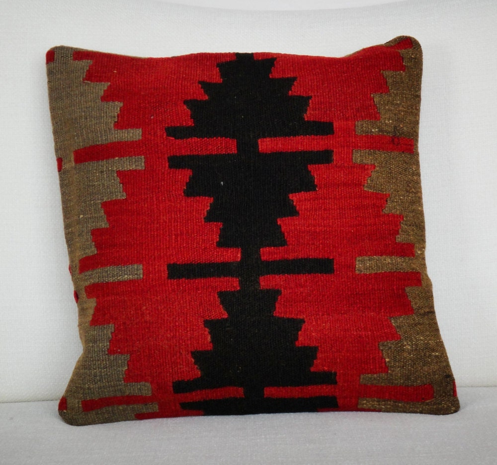 Antique Turkish Kilim Pillow Cover - Hand Embroidered - 16x16 inch