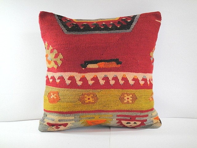 SUMMER SALE - Antique Turkish Kilim Pillow Cover - Hand Embroidered - 16x16 inch