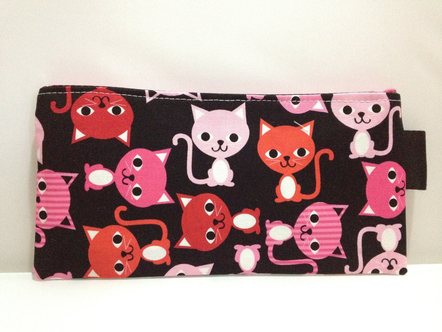 Rectangular Zipper Pouch, Pencil Case, Gadget Case - Pink and Red Cats on Black, Cute Calicos, Kawaii