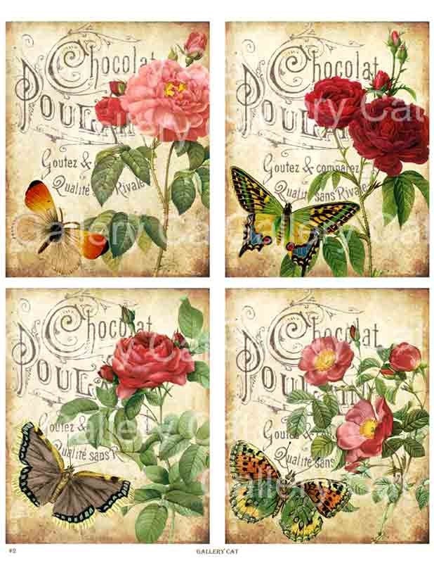 Antique Roses on Old French Paper Digital Collage Sheet Printable Download Original Whimsical Altered Art by GalleryCat CS2