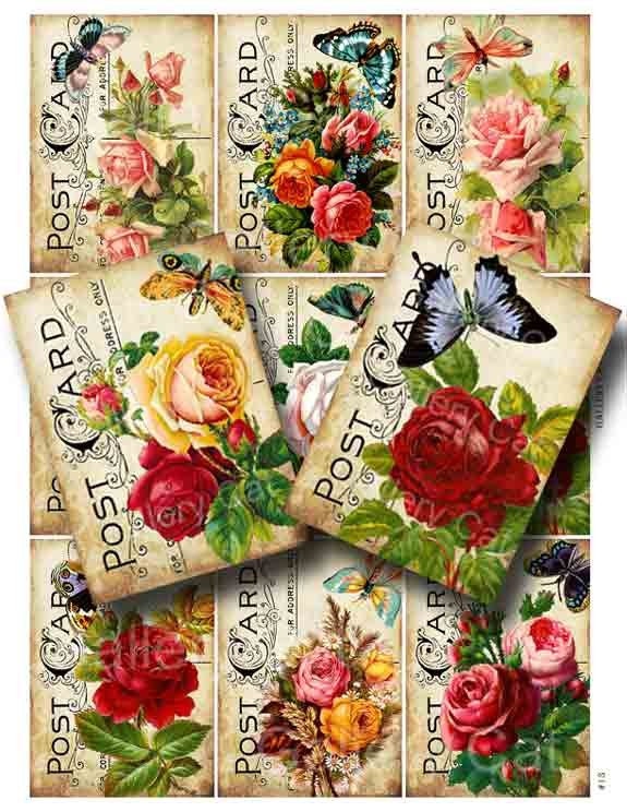 Victorian Roses with Butterfly on Old Postcard Digital Collage Sheet Instant Download for Paper Crafts Tags Art Projects GalleryCat CS13