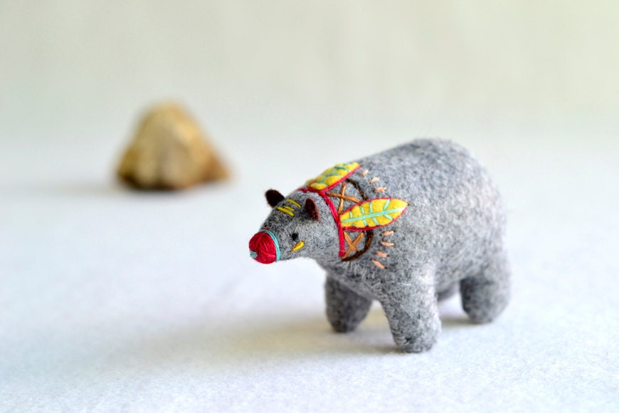 yellow feather spirit bear - soft sculpture animal - plush bear