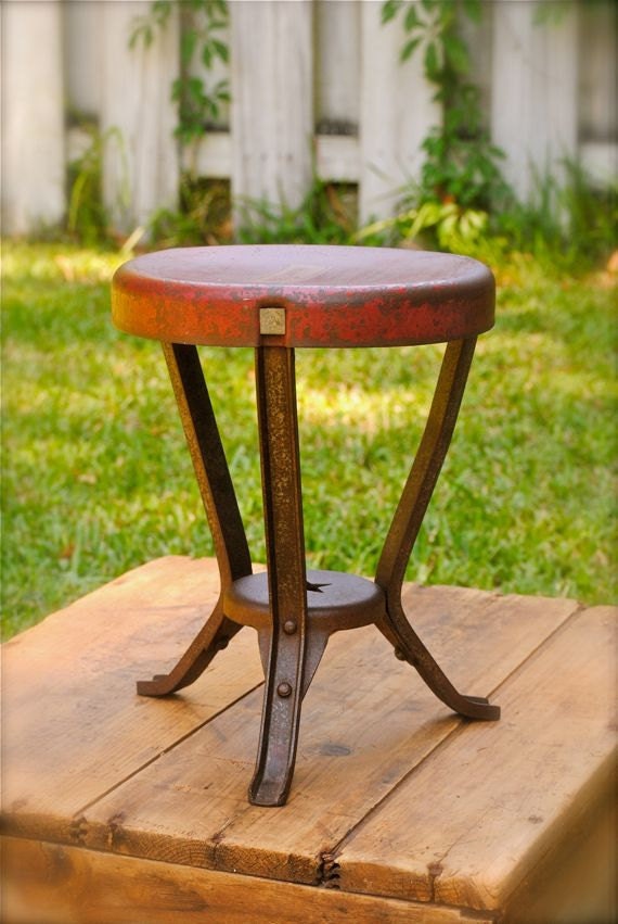 vintage galvanized steel milking stool - three legged farm master stool - foot stool - side table