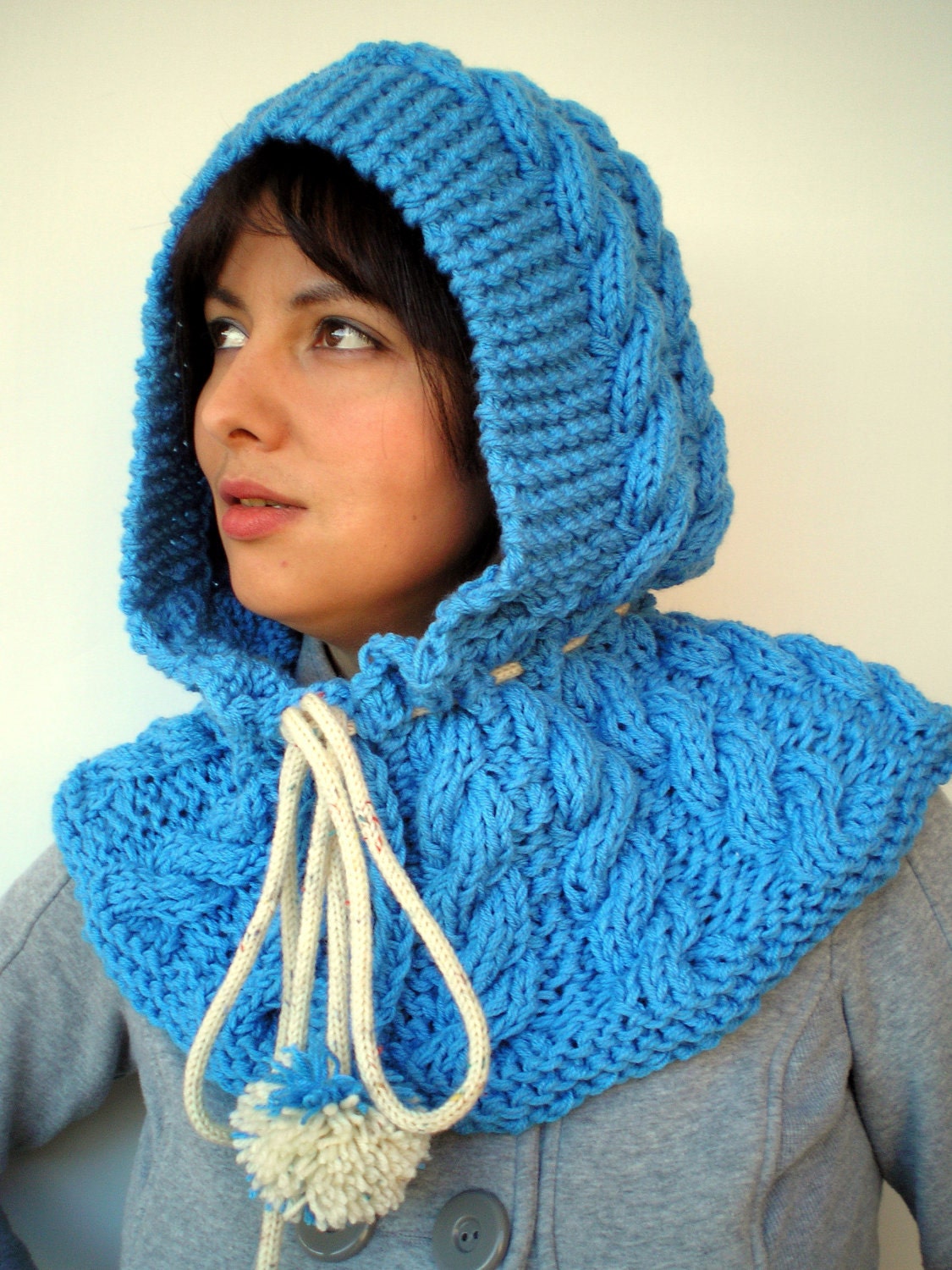 Blue Braid Hood Hat  soft Acrilyc Yarn Hooded Cowl Hand Knit Cabled Hat Hood NEW COLECTION