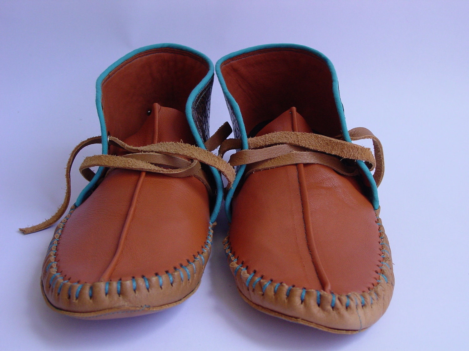 Handmade moccasins turquoise piping lamb skin and embossed leather 
