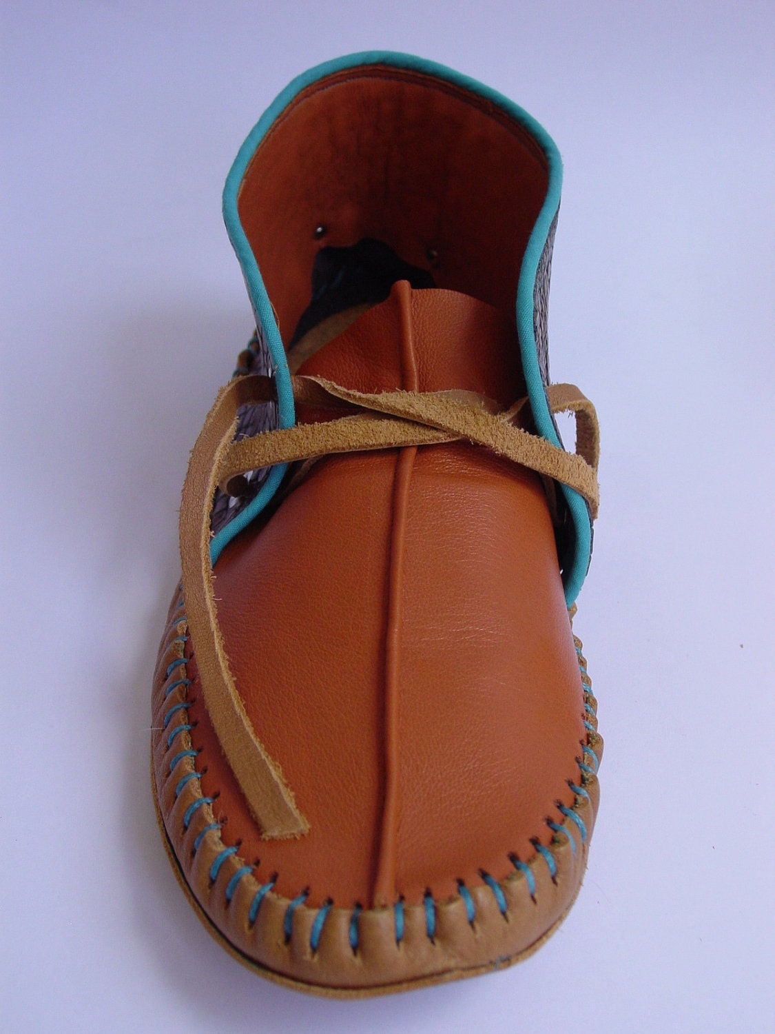 Handmade moccasins turquoise piping lamb skin and embossed leather 
