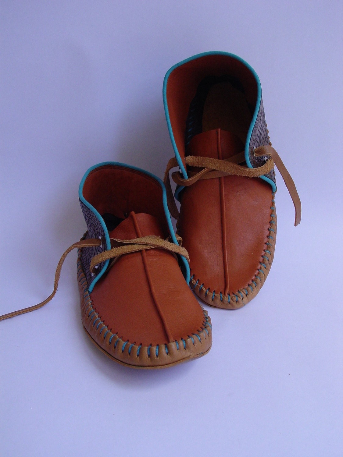 Handmade moccasins turquoise piping lamb skin and embossed leather 