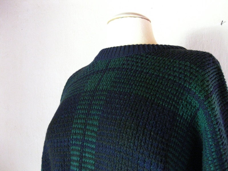 Lands End Navy Green Plaid Cotton Sweater Large Made in USA