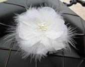 Lauren - hand-crafted vintage style white floral fascinator made with ostrich feathers, silk and fabric petals and swarovski pearls