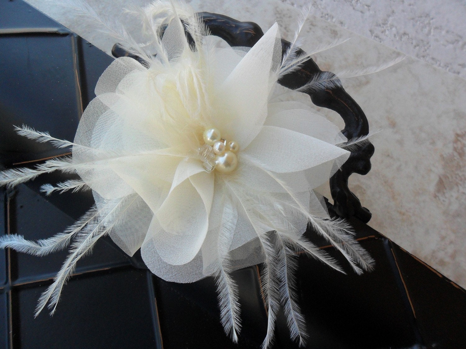 Paulina - stunning ivory or white organza hairpiece with feathers, pearls and crystals