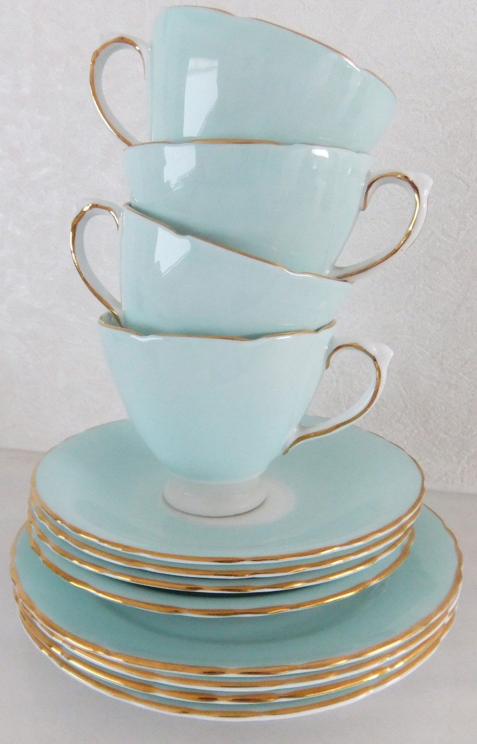 Vintage Delphine Bone China tea set - shabby chic - duck egg blue / aqua