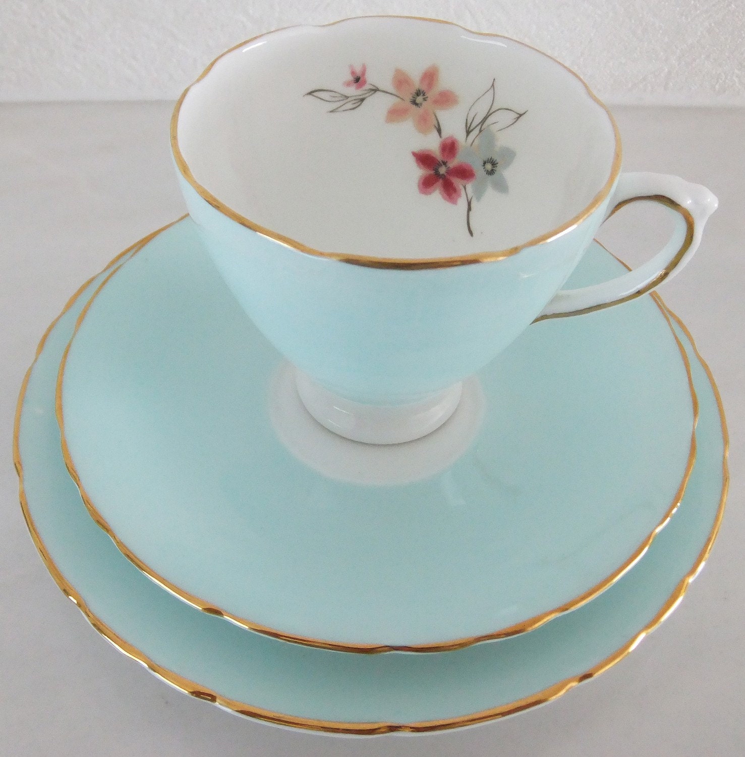 Vintage Delphine Bone China tea set - shabby chic - duck egg blue / aqua