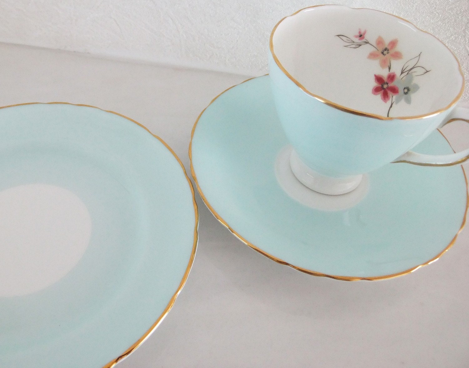 Vintage Delphine Bone China tea set - shabby chic - duck egg blue / aqua