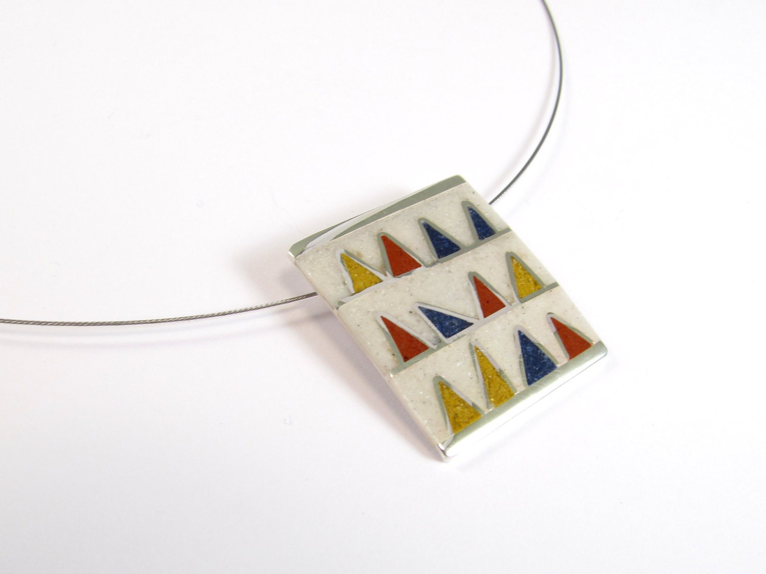 Sterling Silver Pendant - Primary Colors Triangles - OOAK - Blue Yellow Red White