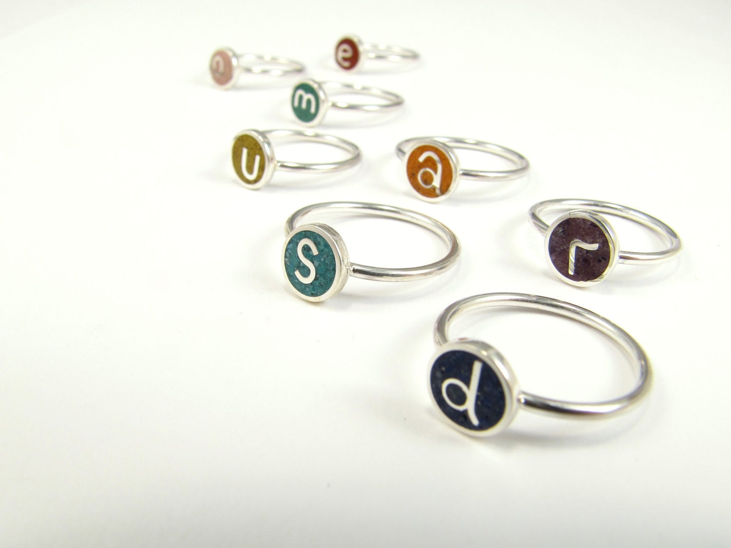 Three Initial Rings - Sterling Silver - Stacking - Custom Color - Stackable