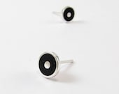 Sterling Silver Earrings - Black Disc - Ear Studs