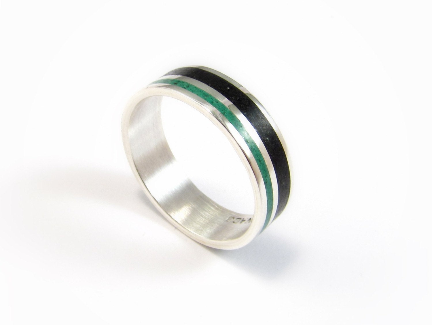 Sterling Silver Ring - Wedding Band - Color Lines - Unisex - Black and Green