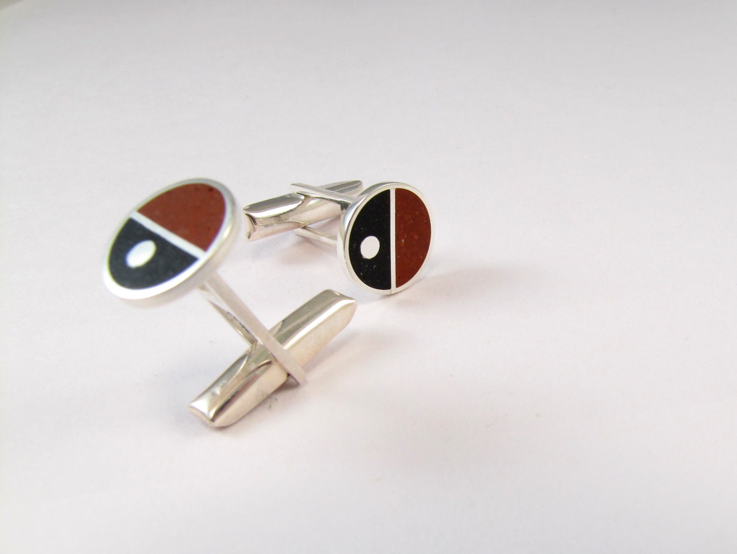 Sterling Silver Cufflinks - Divided Circles - Maroon and Black