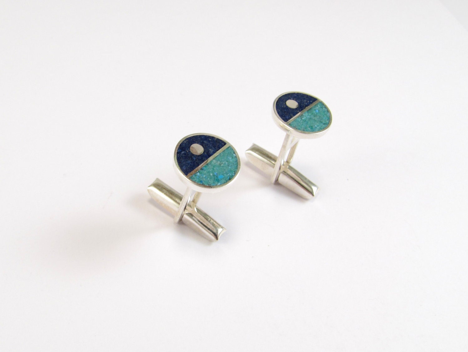 Sterling Silver Cufflinks - Valentines Day - Divided Circles - Blue and Turquoise