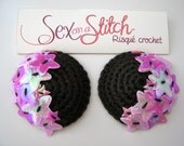 Crocheted Nipple Pasties - Black with pink stars and tape