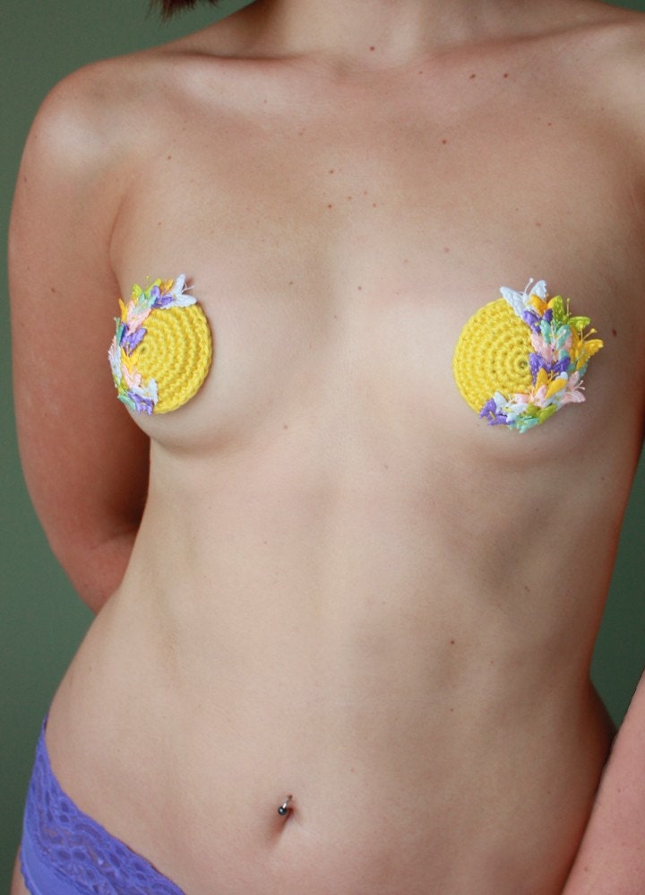 Yellow Butterfly Crocheted Nipple Pasties with tape