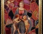 Crazy Quilt Embroidered Wall Hanging Portrait , Fiber Art Raphael's Painting Reproduction Victorian style,  14x18 inches