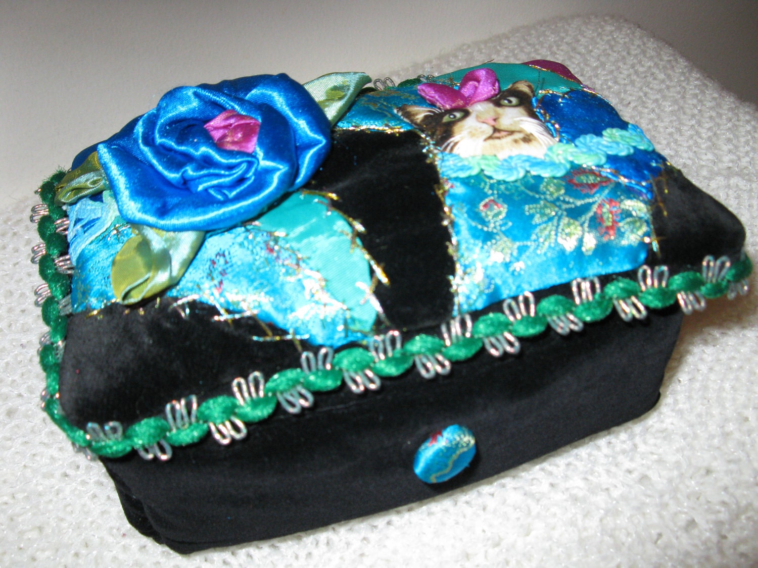 Crazy Quilt Treasures  and Jewel Box. Fiber Art Blue  Soft Sculpture .Flower and Cat Design
