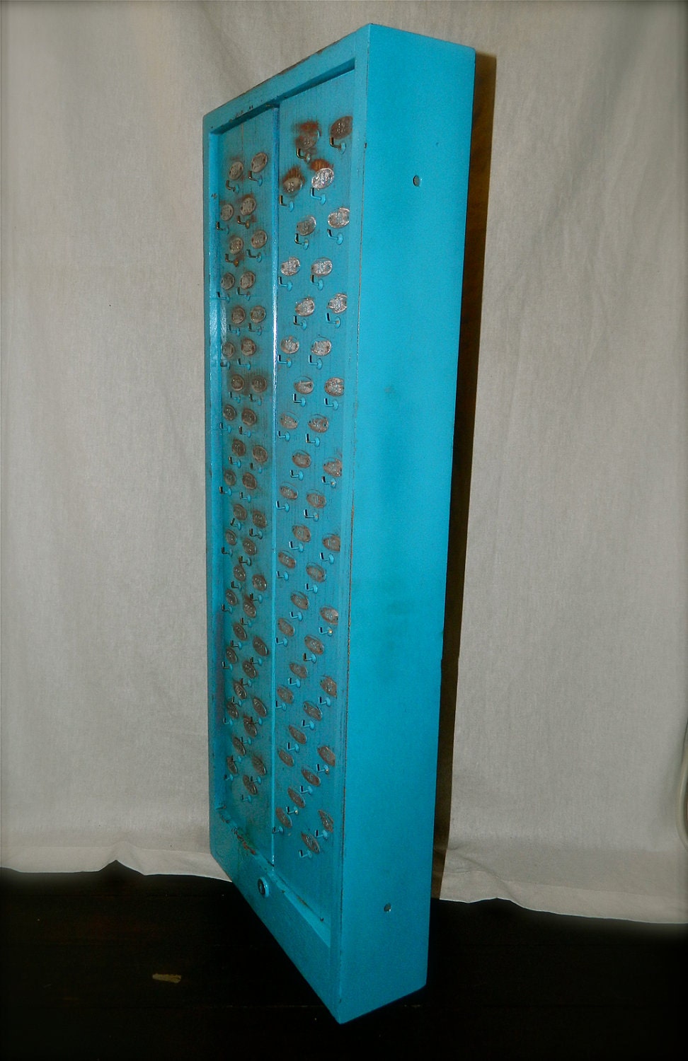 Repurposed Cabinet, Key Rack, Jewelry Storage, Key Holder, Blue, Vintage Industrial