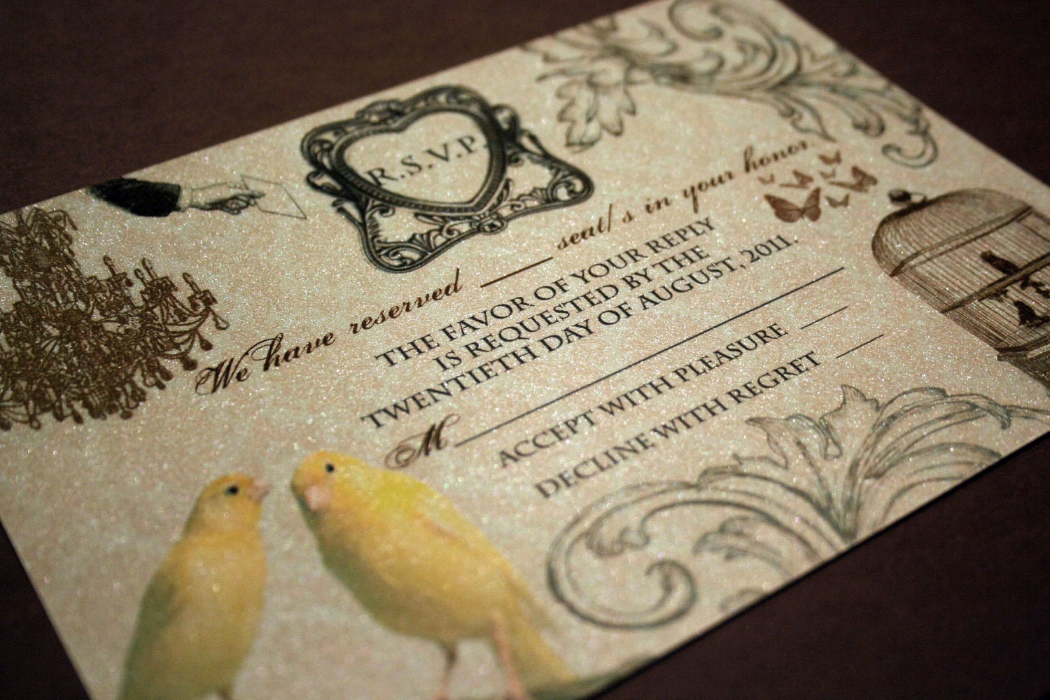 Whimsical French Baroque - Roses, Love Birds and Gold Embossed Bird Cage Wedding Invitation and RSVP Sample - Jennifer Collection
