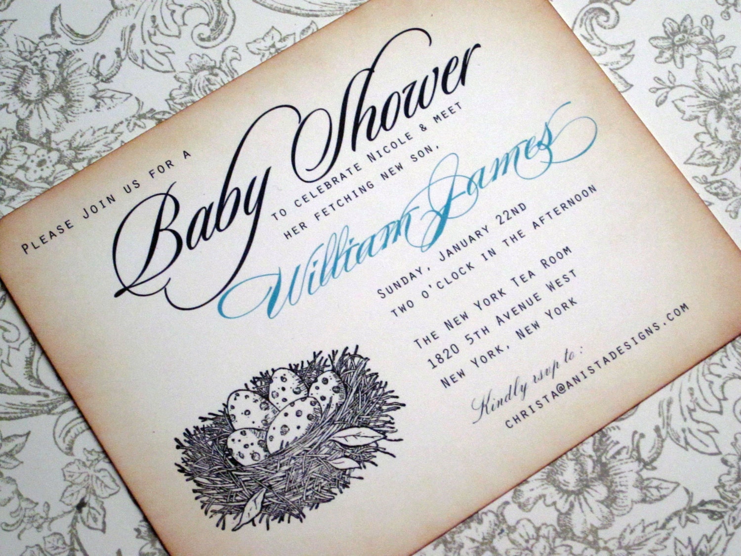 Baby Shower Invitation - Birds Nest with vintage appearance- set of 20
