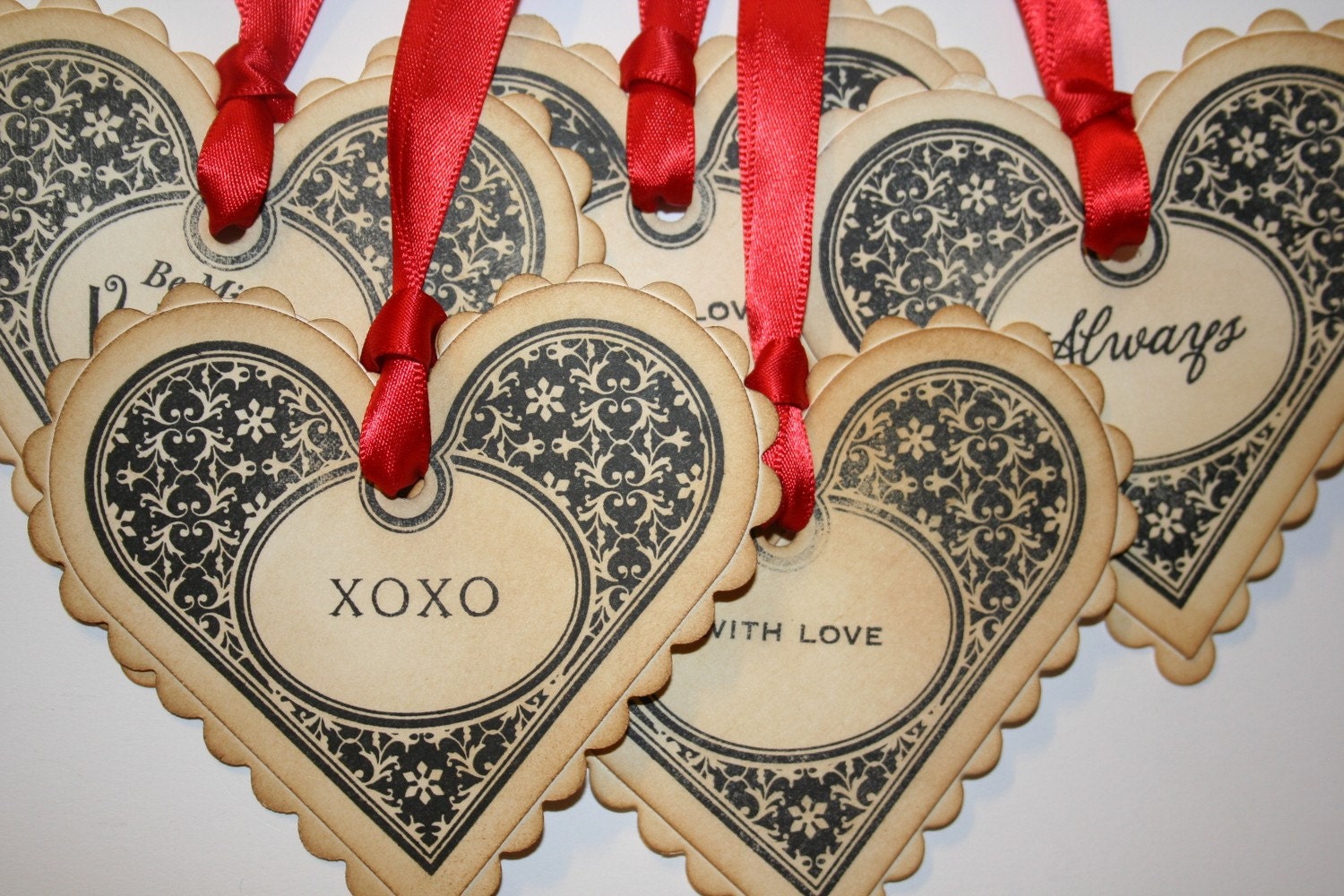 Valentine Heart Tags - Vintage Appearance - choose between 5 sentiments - set of 5