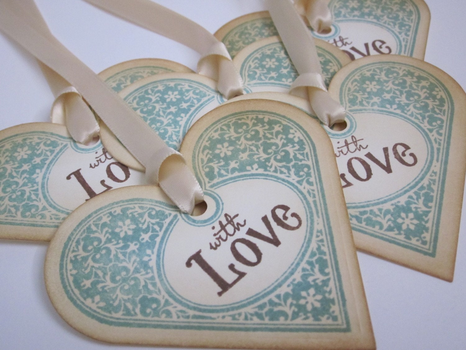 Valentine Wish tree tags/wedding tags/gift tags - With Love Turquoise (or custom colour) Heart - Vintage Appearance - set of 5