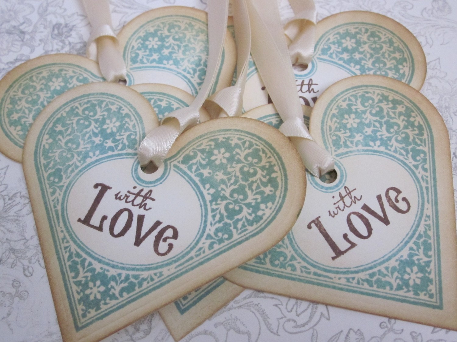 Valentine Wish tree tags/wedding tags/gift tags - With Love Turquoise (or custom colour) Heart - Vintage Appearance - set of 5