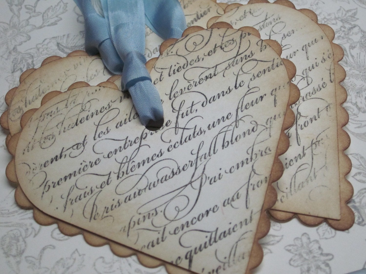 Vintage Shabby Chic Tags - French Script Scalloped Heart Tags - Vintage Appearance - set of 5