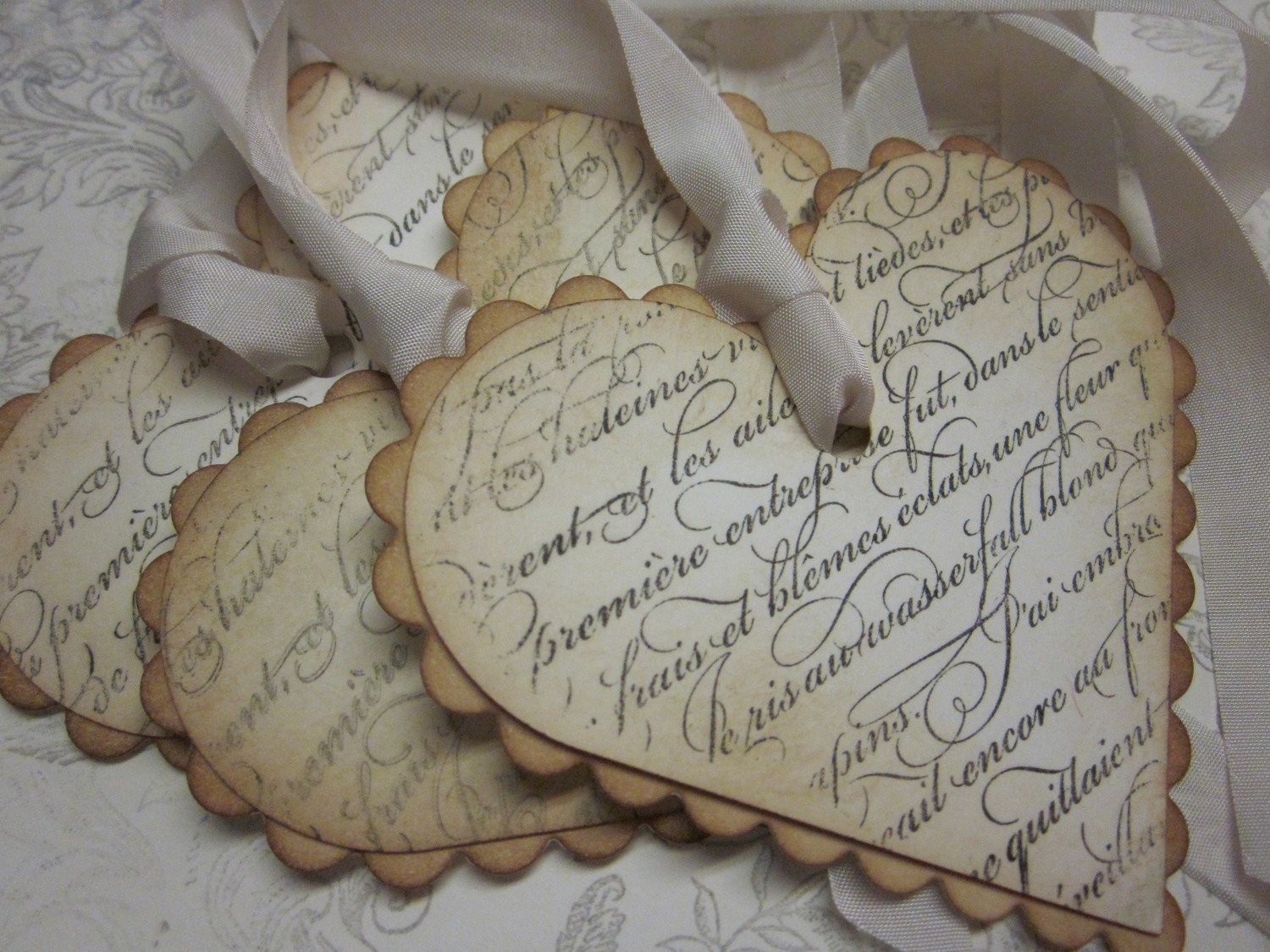 Vintage Shabby Chic Tags - French Script Scalloped Heart Tags - Vintage Appearance - set of 5