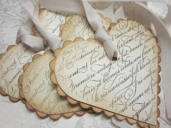 Vintage Shabby Chic Tags - French Script Scalloped Heart Tags - Vintage Appearance - set of 5
