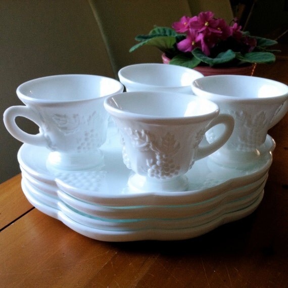 Milk Glass Luncheon / Dessert Plates 4 with Cups 4 by BrigidsFancy