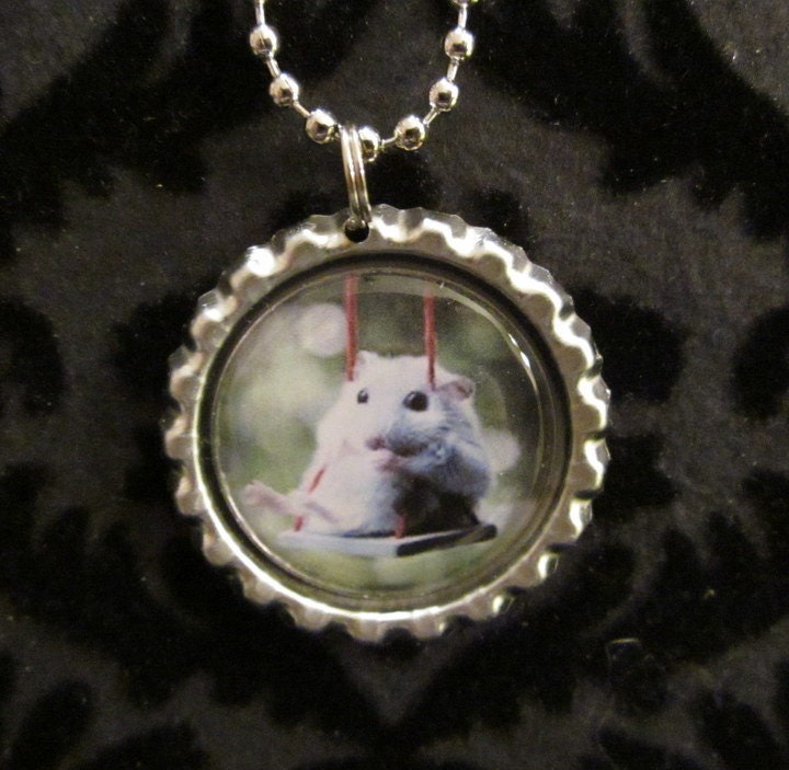 Cute Mouse On A Swing Bottle Cap Necklace or Keychain (MOUSE 101)