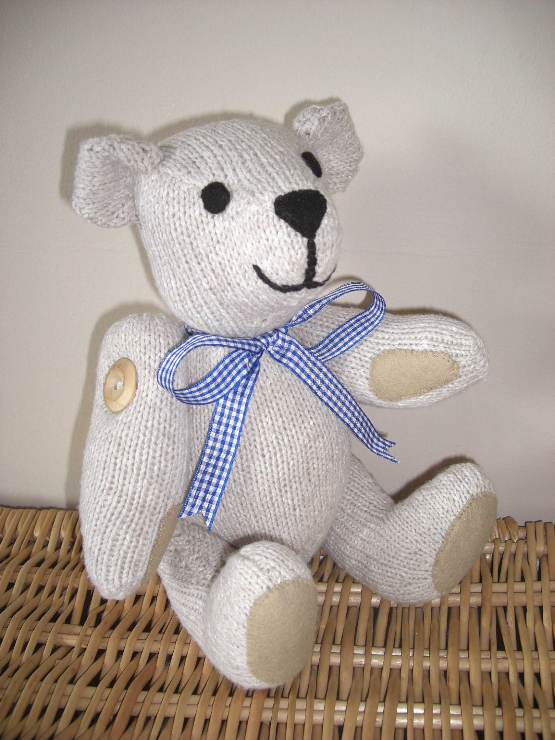 Jointed light beige teddy bear, hand knitted by scunjeebabe
