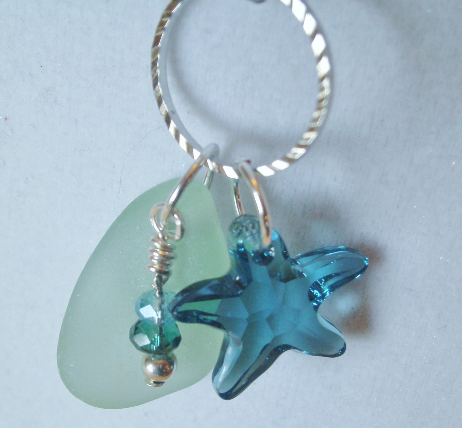 Beach glass  necklace, Sea glass jewelry, turquoise starfish necklace with aqau beach glass, swarovski crystal starfish necklace