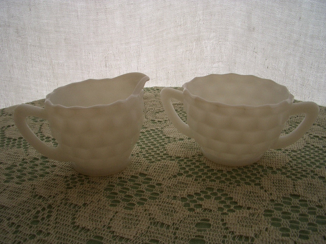 Vintage Cream and Sugar Set Hazel Atlas Cube Pattern Milk Glass