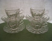 Vintage Tea Cup and Saucer Depression Glass Cascade Pattern Set of 4 Cups and Saucers